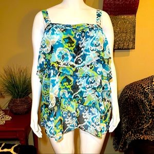 Lane Bryant Aqua/Yellow Ruffle Sheer Women’s Top